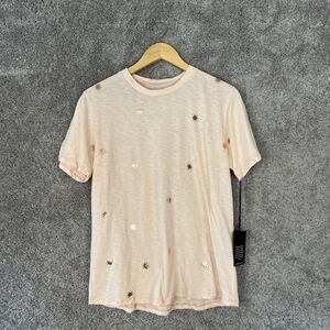Michael Lauren T-Shirt Womens Small Peach Foil Sun Print Short Sleeve Top